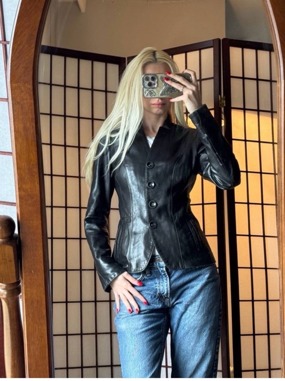 Danier Black Fitted Leather Jacket with Button Front